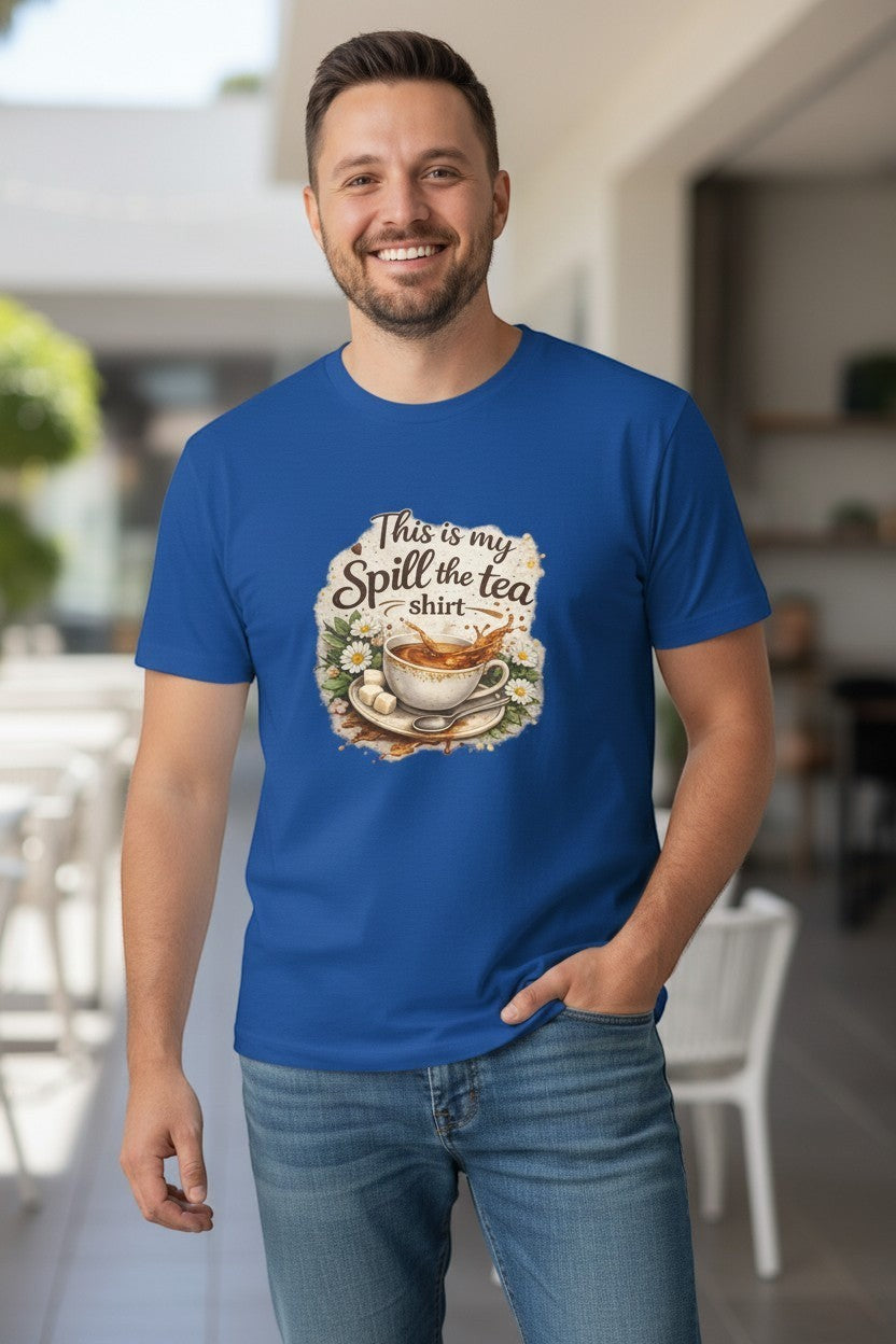 Man wearing royal blue “Spill the Tea” t-shirt, a bold and playful graphic tee perfect for casual wear.