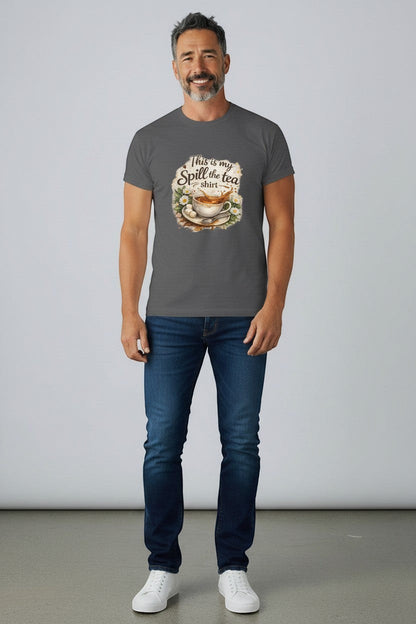 Man wearing “Spill the Tea” graphic t-shirt, a funny and casual unisex tee perfect for everyday wear.