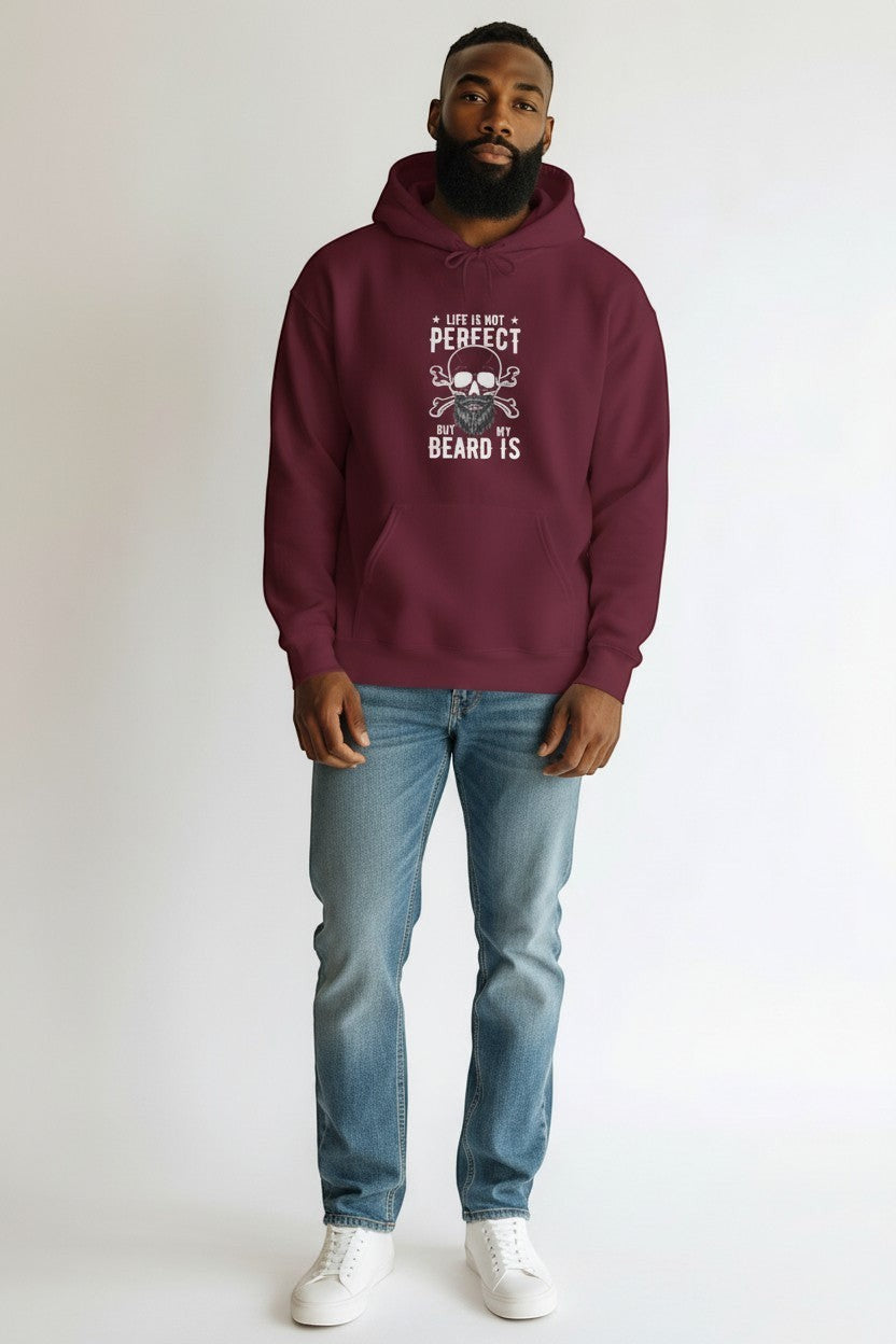 Bearded man wearing maroon beard humor hoodie, a stylish and confident look.