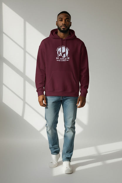 Man wearing maroon hoodie, a cozy and stylish graphic sweatshirt for everyday wear.