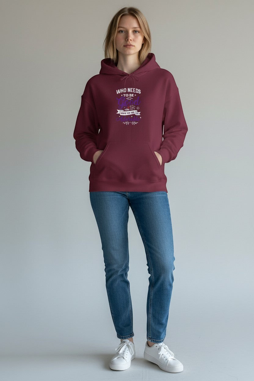 Woman wearing maroon hoodie, a cozy and stylish sweatshirt perfect for cooler weather.