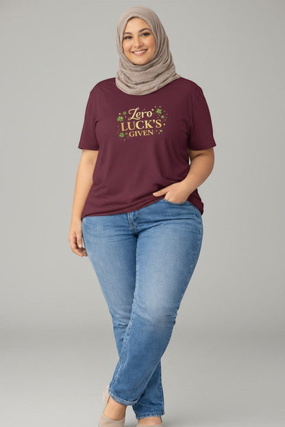 Woman wearing maroon “Zero Luck’s Given” shirt, a stylish and comfortable option for everyday outfits.