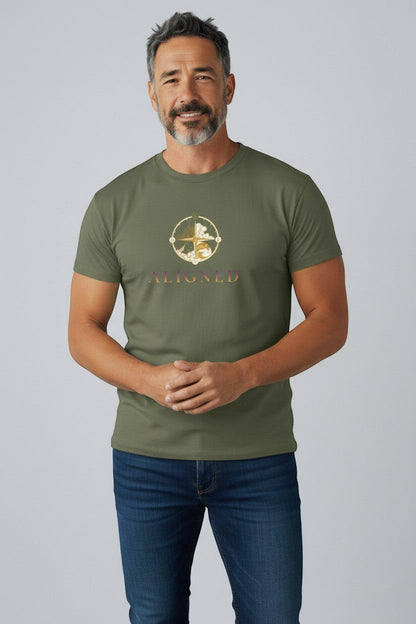 Man wearing military green “Aligned” t-shirt, a relaxed and earthy everyday style.
