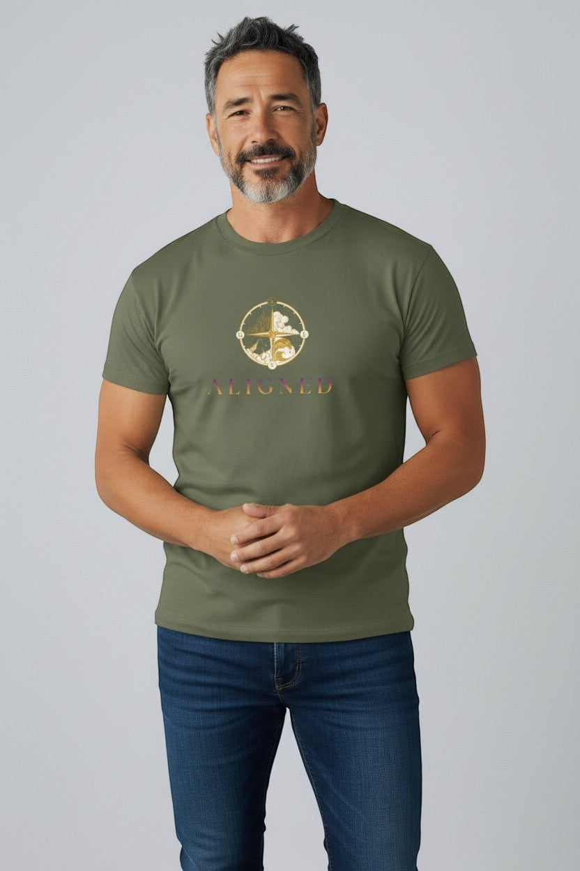 Man wearing military green “Aligned” t-shirt, a relaxed and earthy everyday style.