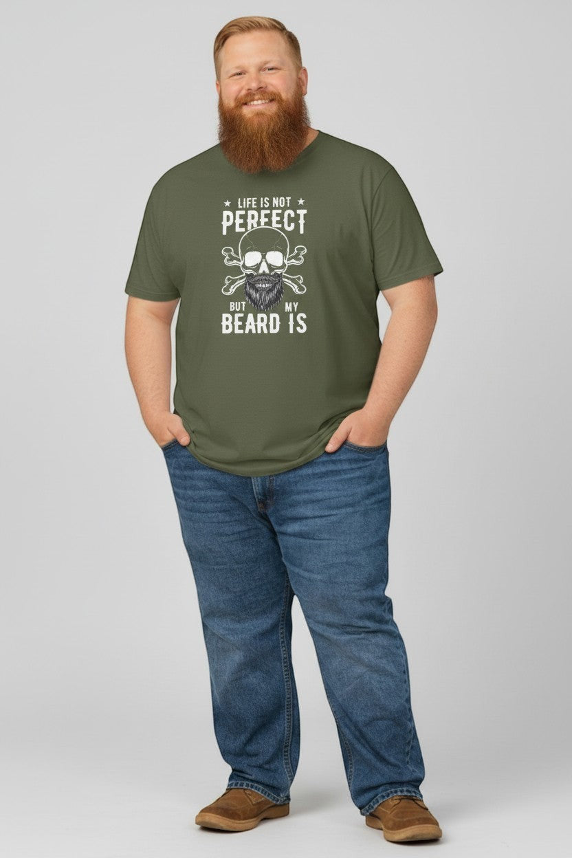 Bearded man wearing military green beard humor t-shirt, a strong and masculine look.
