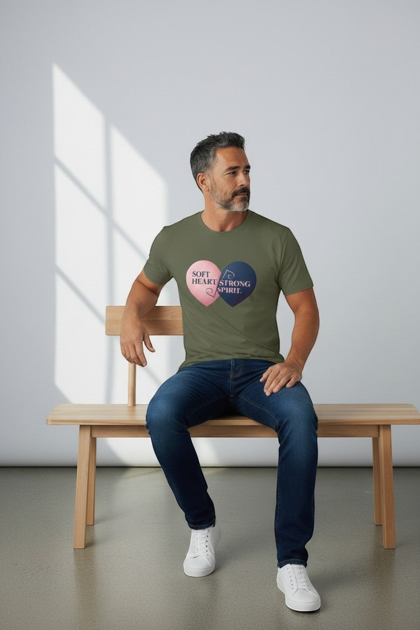 Man sitting wearing military green “Soft Heart Strong Spirit” t-shirt, a relaxed and strong style.