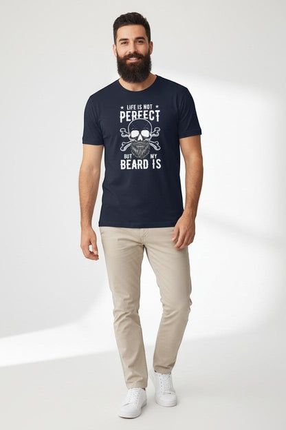 Bearded man wearing navy funny beard t-shirt, a clean and everyday style.