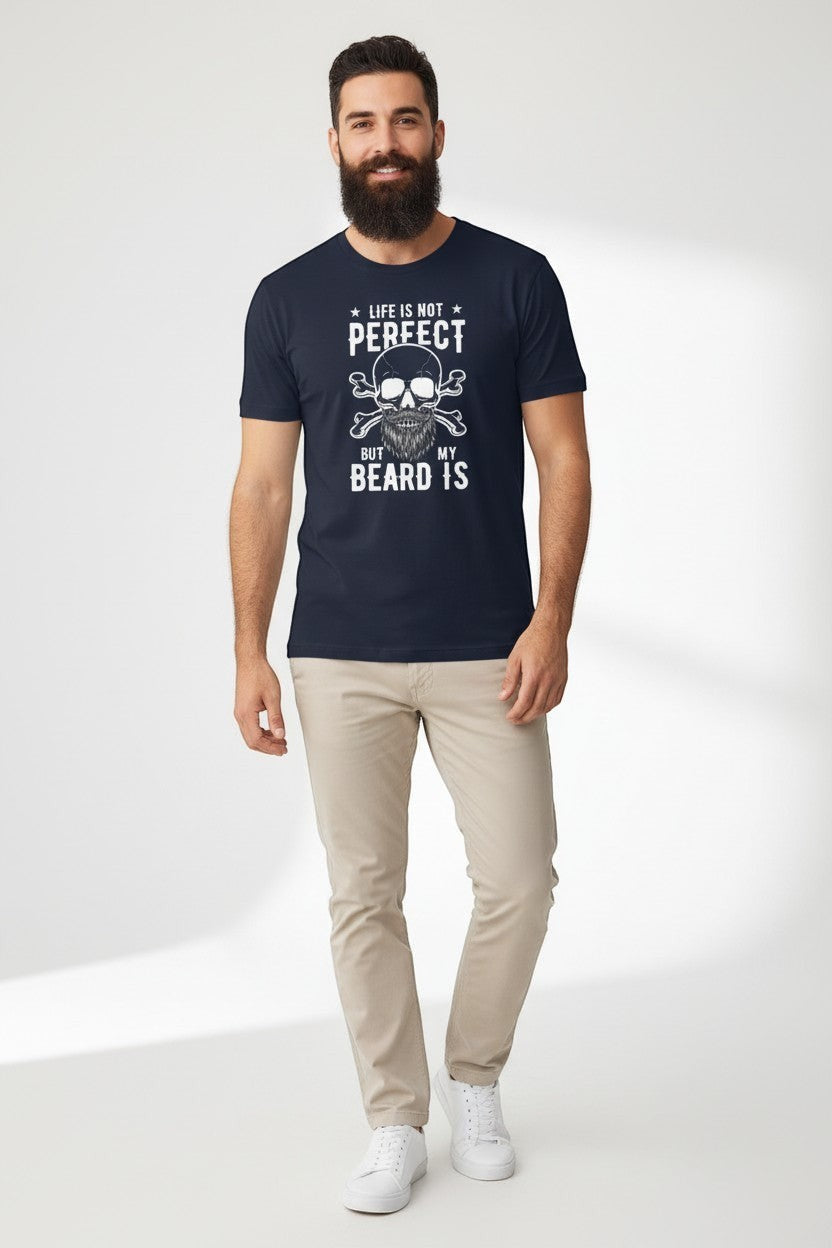 Bearded man wearing navy funny beard t-shirt, a clean and everyday style.