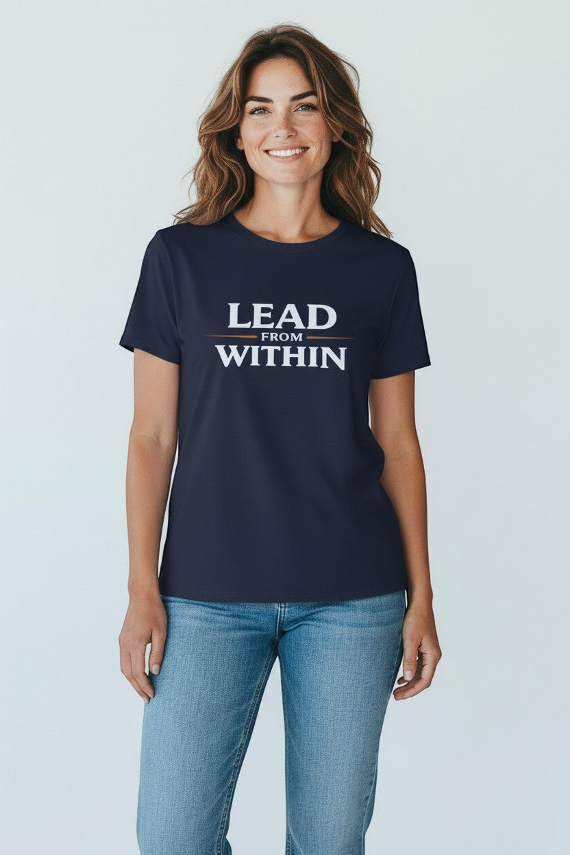 Woman wearing navy “Lead From Within” t-shirt, a clean and empowering casual look.