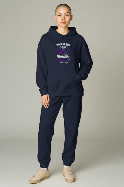 Woman wearing navy hoodie styled as a casual athleisure outfit, perfect for comfort and style.