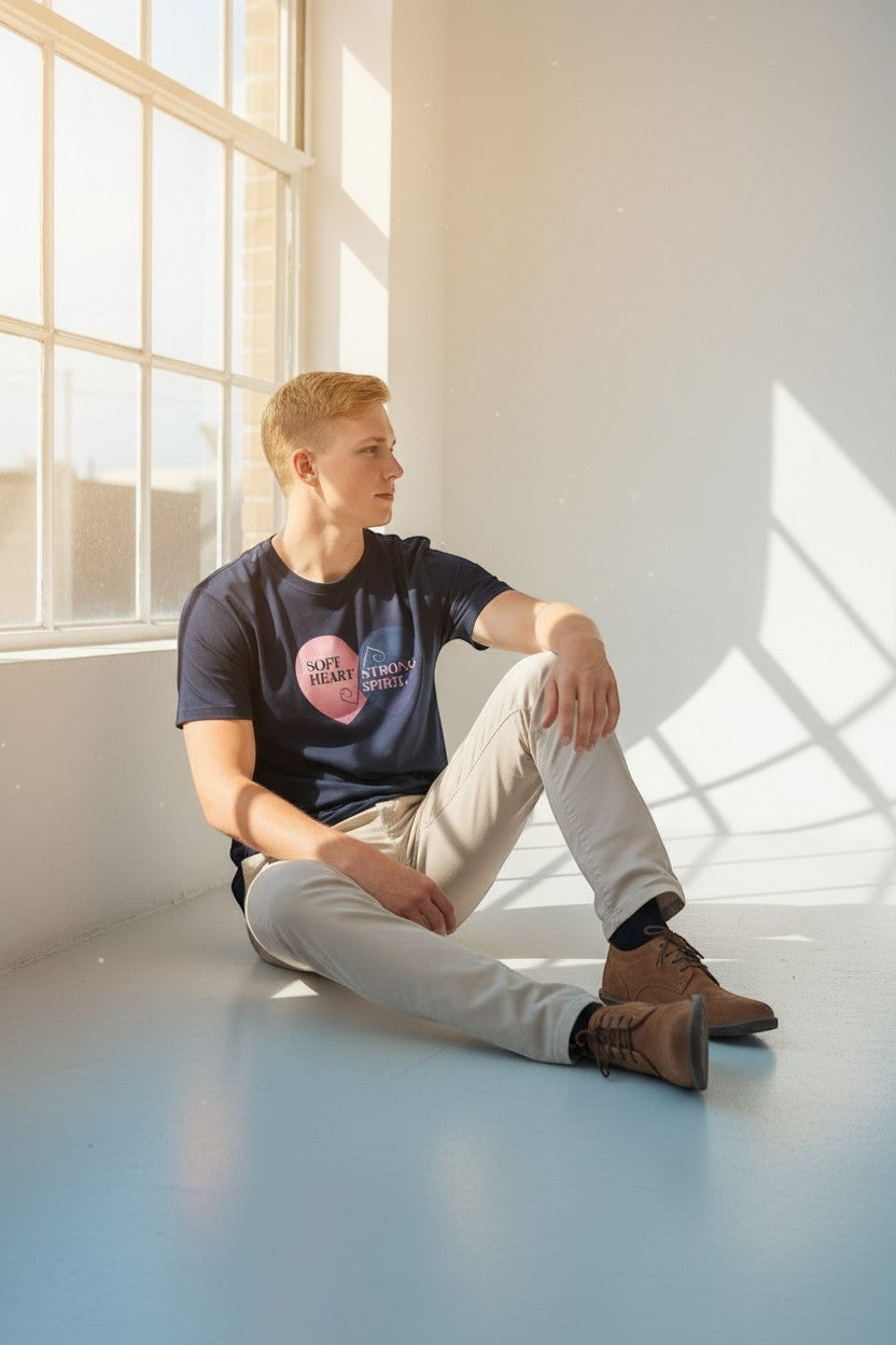 Man sitting wearing navy “Soft Heart Strong Spirit” t-shirt, a relaxed and thoughtful outfit.