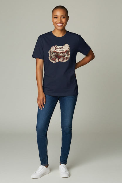 Woman wearing navy “Sweet but a Little Unhinged” t-shirt, great for relaxed everyday outfits.