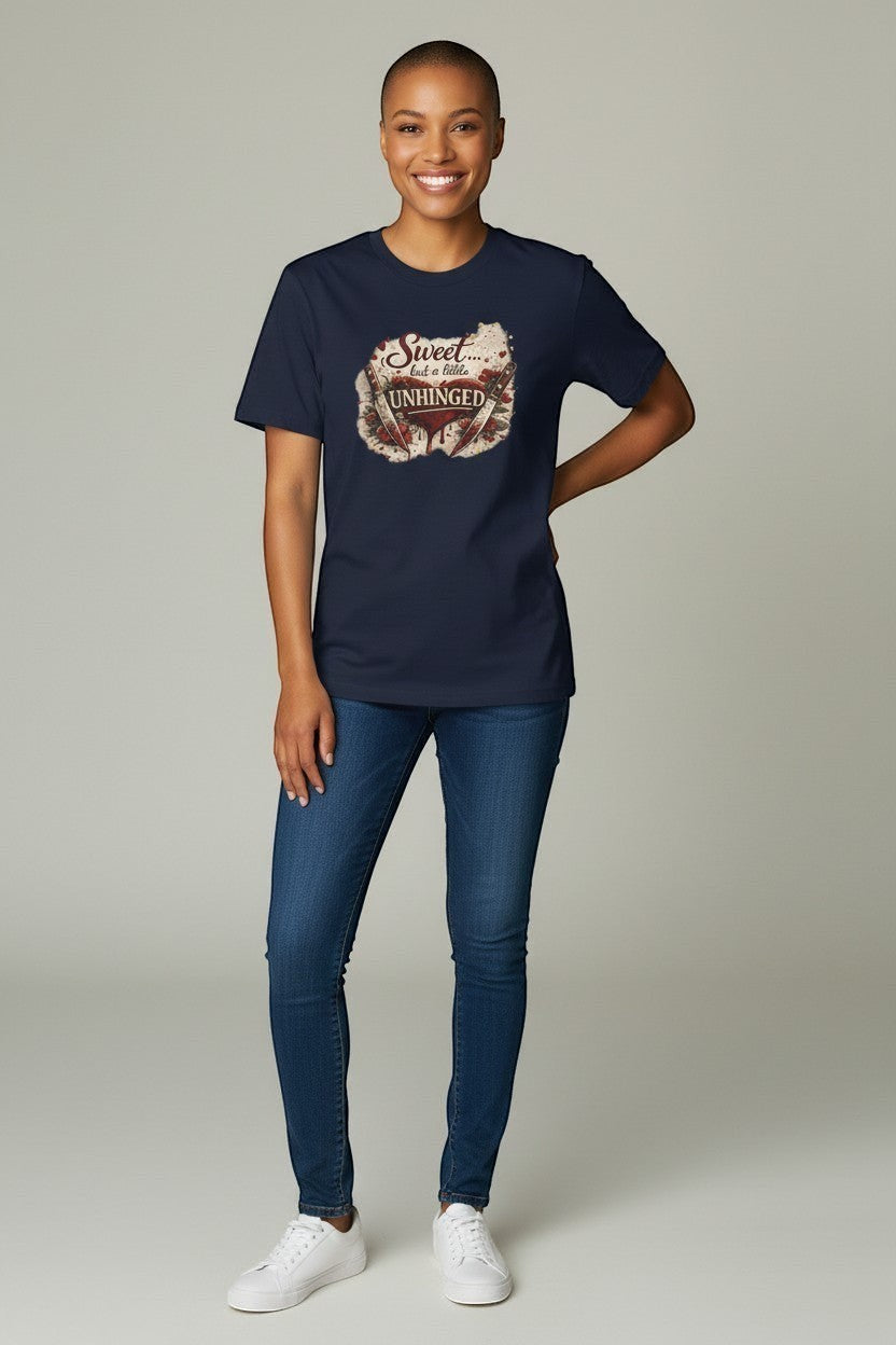 Woman wearing navy “Sweet but a Little Unhinged” t-shirt, great for relaxed everyday outfits.