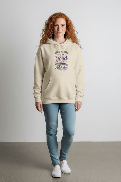 Woman wearing neutral beige hoodie, a versatile and cozy sweatshirt for everyday wear.