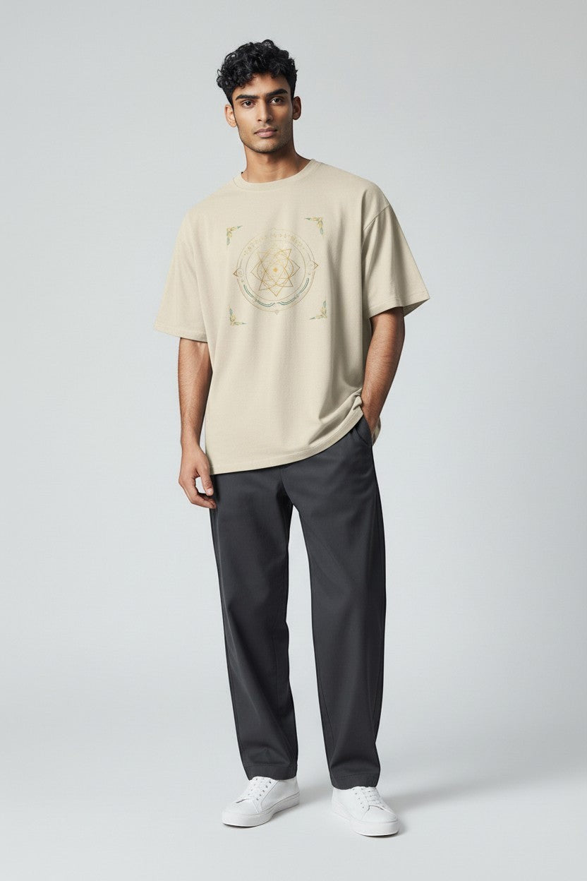 Man wearing neutral beige t-shirt with geometric spiritual design, a grounded and minimal everyday outfit.