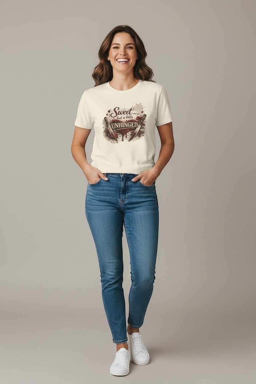 Woman wearing beige “Sweet but a Little Unhinged” shirt, perfect for neutral aesthetic outfits.