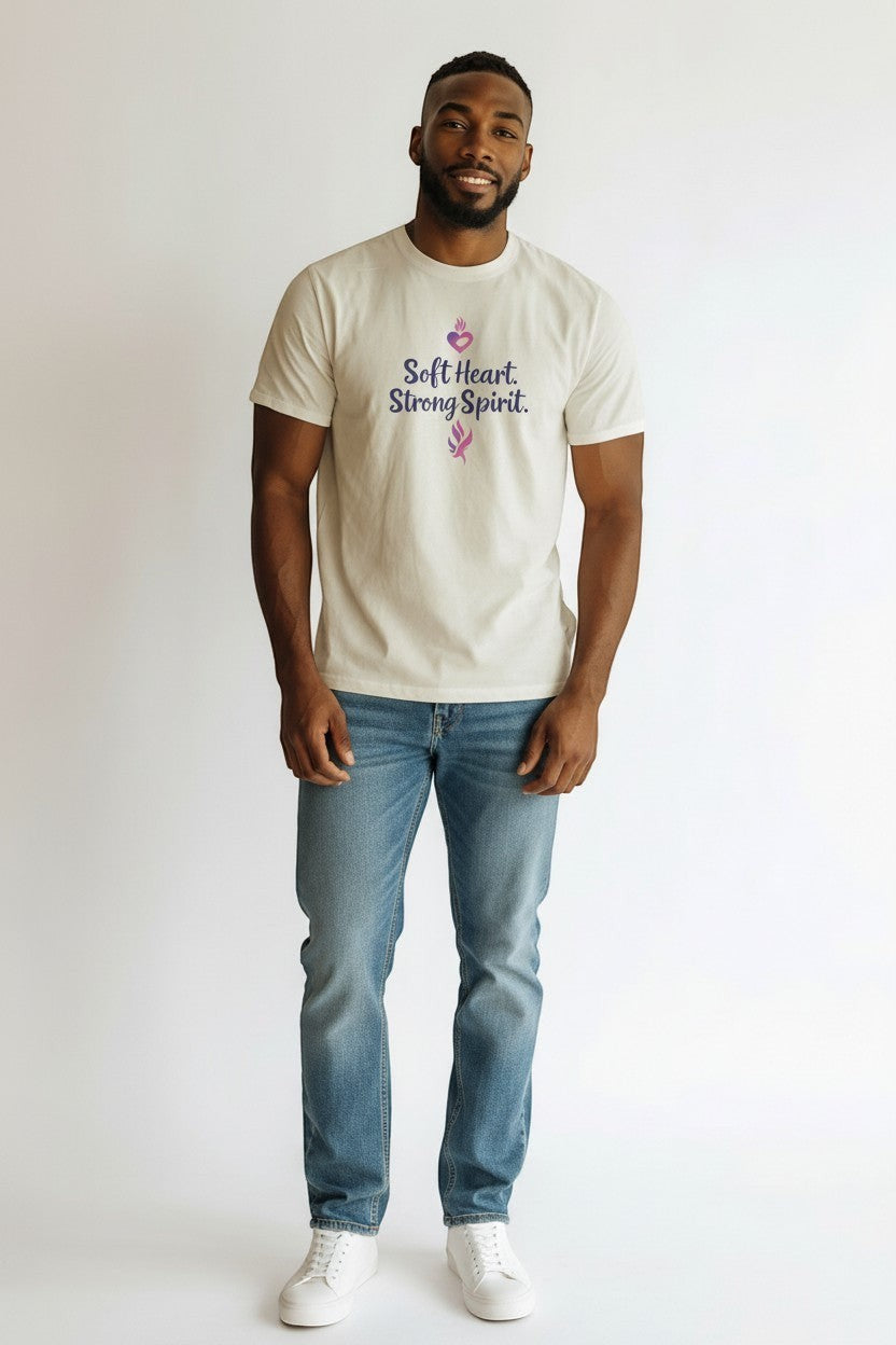Man wearing neutral “Soft Heart Strong Spirit” t-shirt, a meaningful and comfortable everyday graphic tee.