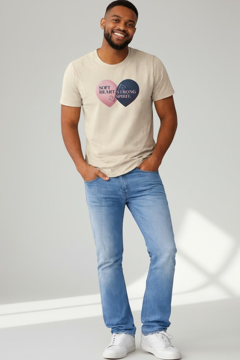 Man wearing beige “Soft Heart Strong Spirit” t-shirt, a relaxed and clean everyday look.