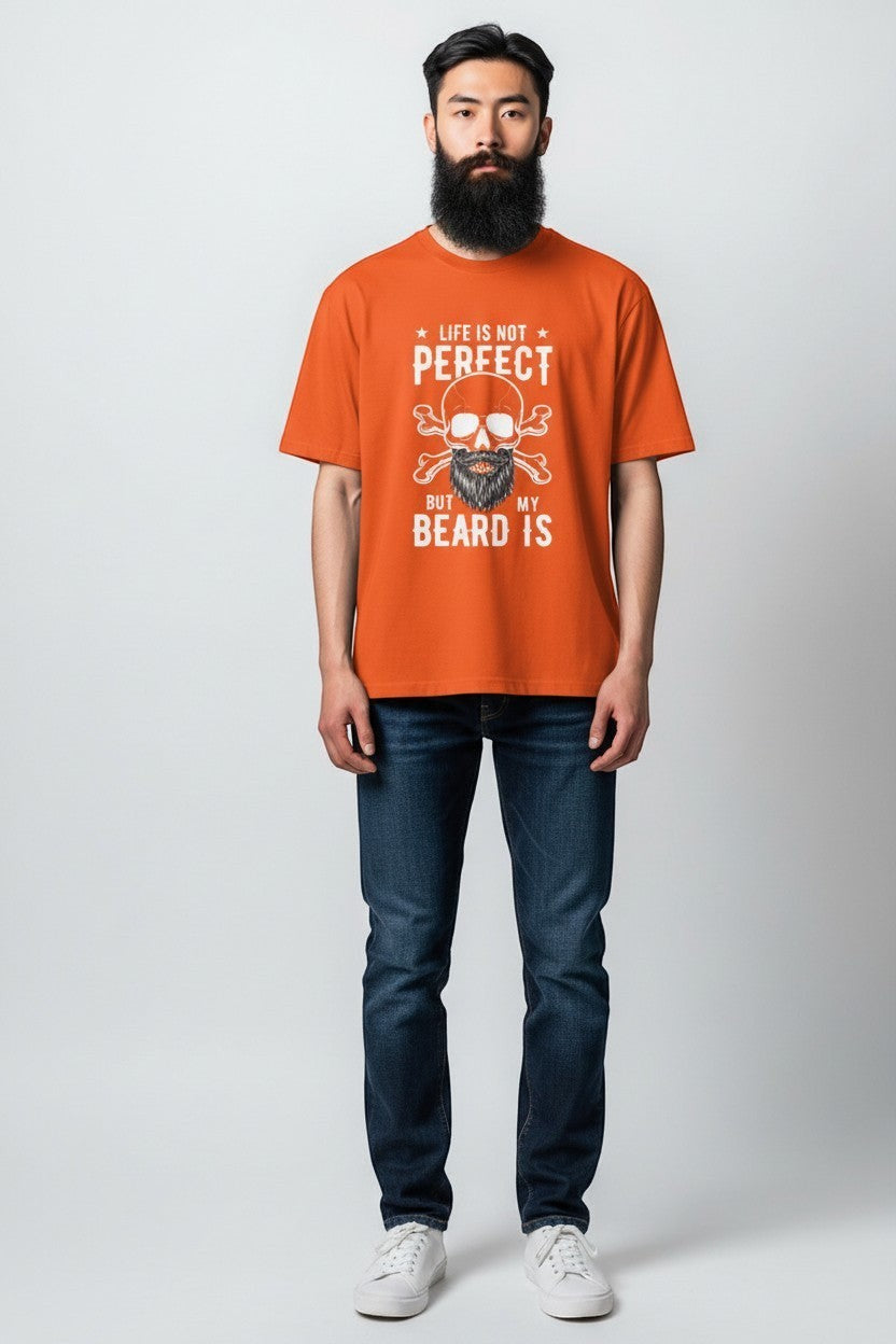 Bearded man wearing orange beard humor t-shirt, a bright and eye-catching look.
