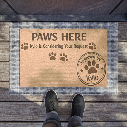 Top view of personalized cat doormat with “Paws Here” message, adding humor and personality to your entryway.