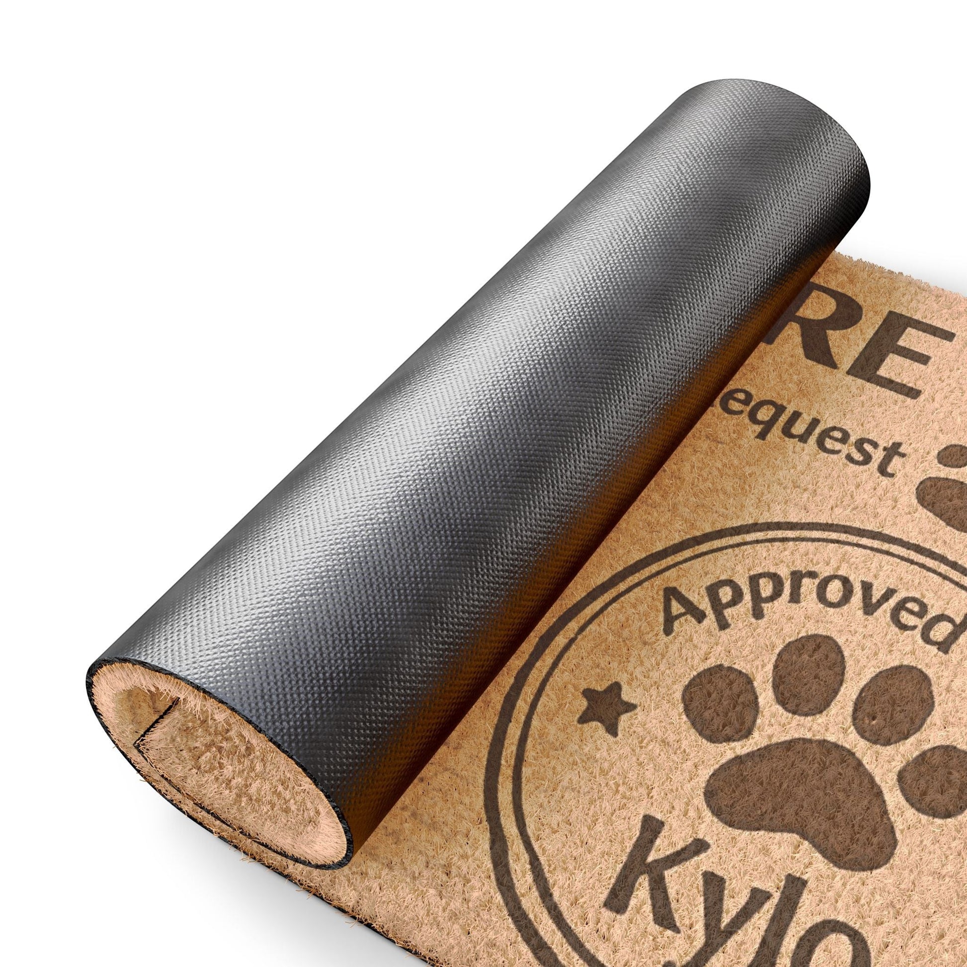 Close-up of personalized “Paws Here” cat doormat showing rolled design and non-slip backing for durability and quality.
