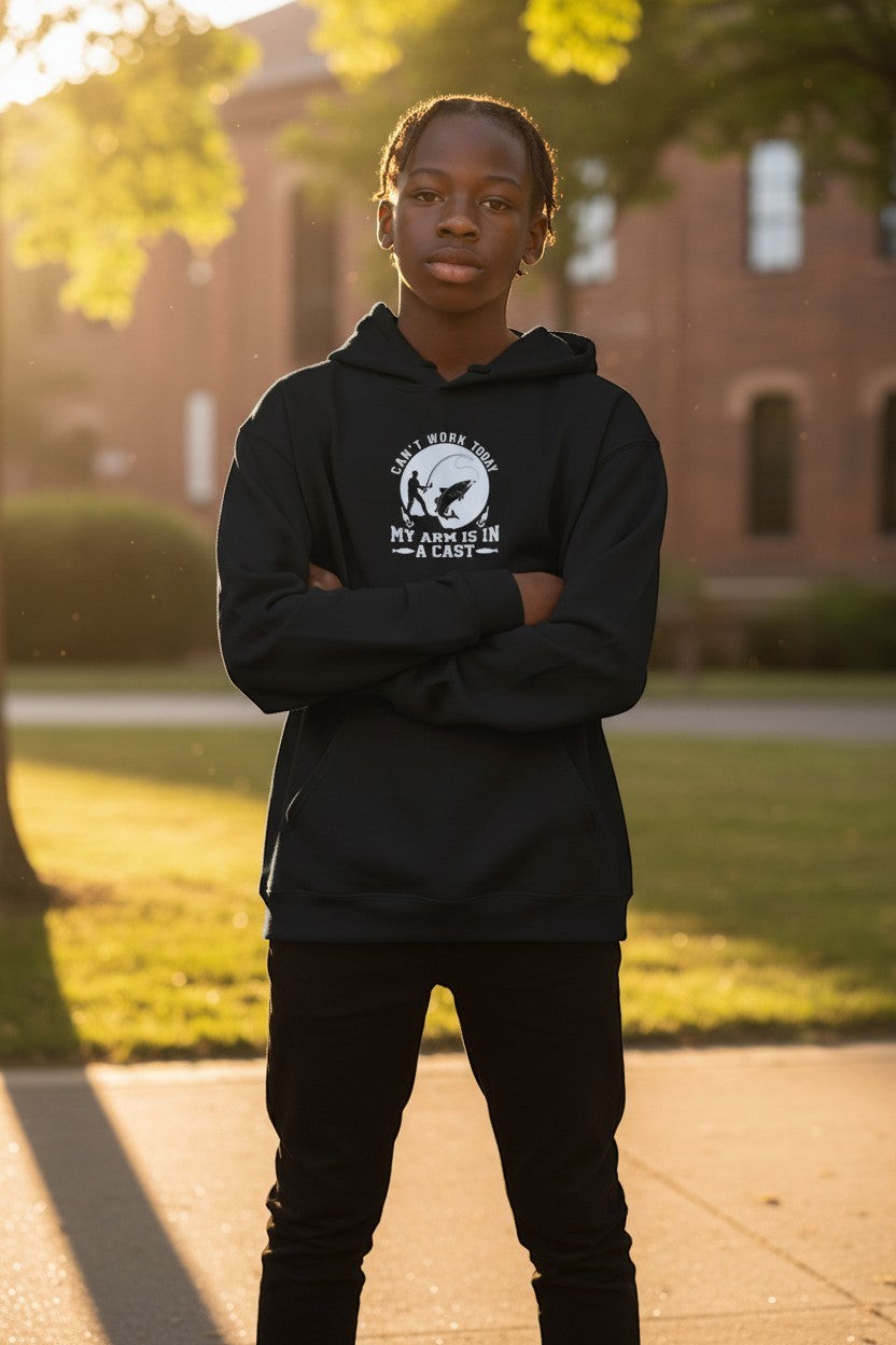 Person wearing black graphic hoodie outdoors, styled for a casual nature-inspired outfit.