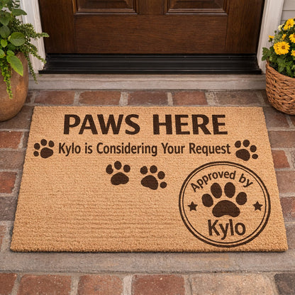 Personalized cat doormat with “Paws Here, Kylo is Considering Your Request,” perfect for cat lovers and playful home entrances.