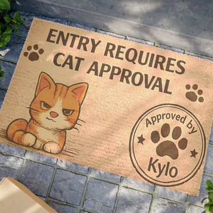 Close-up angled view of personalized cat doormat with approval message, highlighting playful design and custom name detail.
