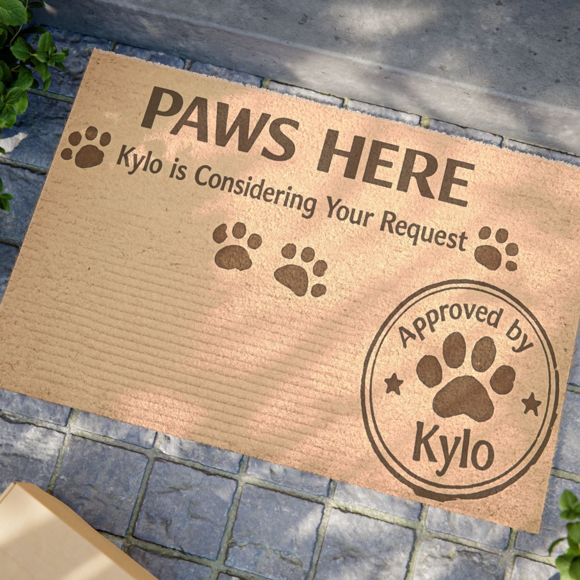 Close-up angled view of “Paws Here” personalized cat doormat, highlighting playful design and custom name detail.