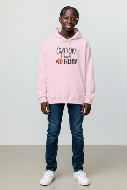 Youth wearing pink “Caution I Have No Filter” hoodie, a playful and comfortable sweatshirt for everyday wear.