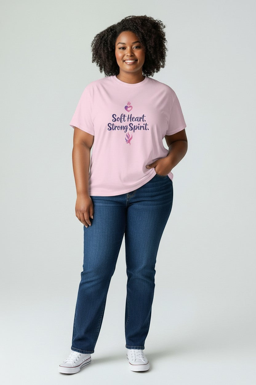 Woman wearing pink “Soft Heart Strong Spirit” t-shirt, a positive and uplifting graphic tee for everyday wear.