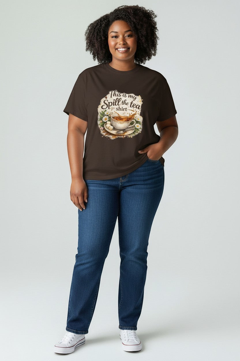 Plus-size woman wearing “Spill the Tea” graphic shirt, stylish and comfortable for everyday casual outfits.