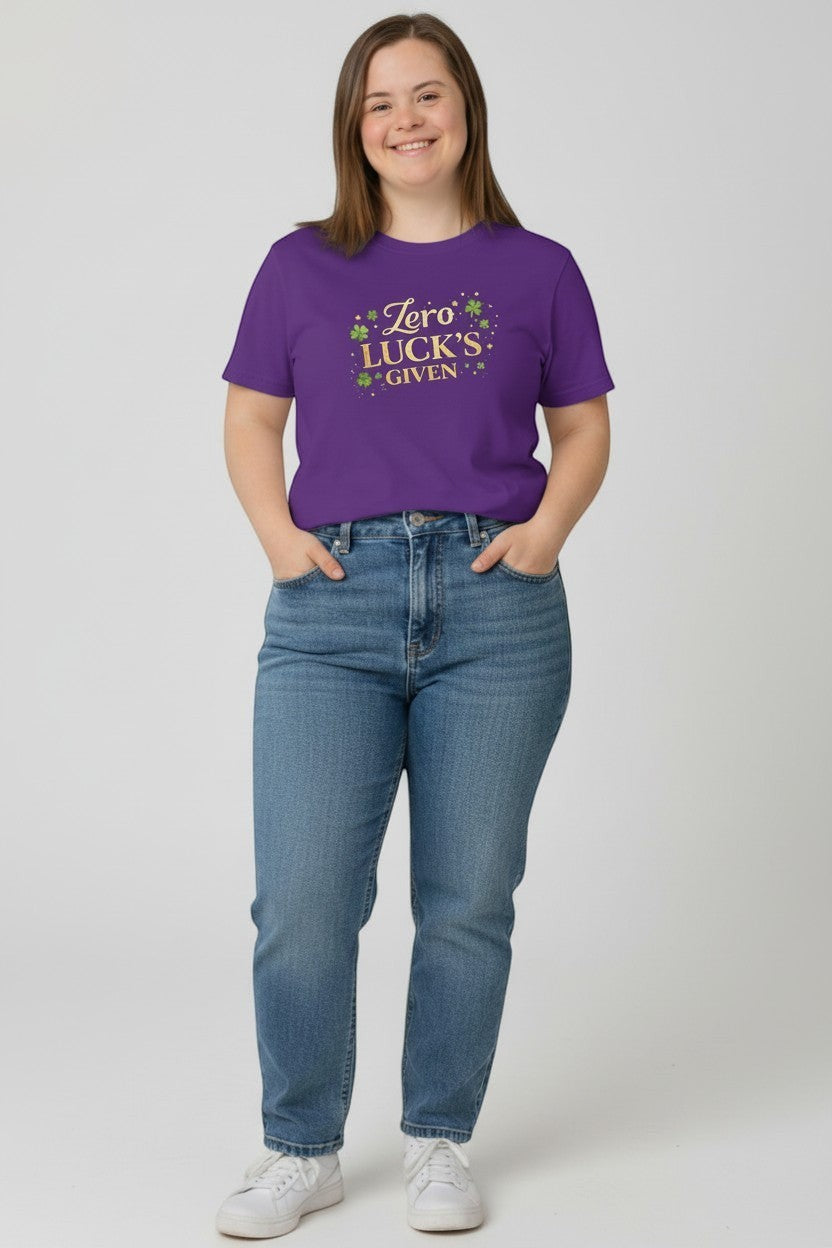 Plus-size woman wearing “Zero Luck’s Given” shirt, a confident and comfortable graphic tee for everyday wear.