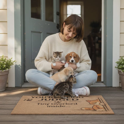 Funny Cat Doormat – “You’re Being Judged” Tiny Overlord Welcome Mat for Cat Lovers & Humorous Homes