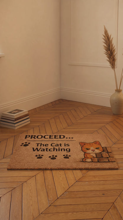 Funny Cat Doormat – “Proceed, The Cat Is Watching” Welcome Mat for Cat Lovers & Playful Homes