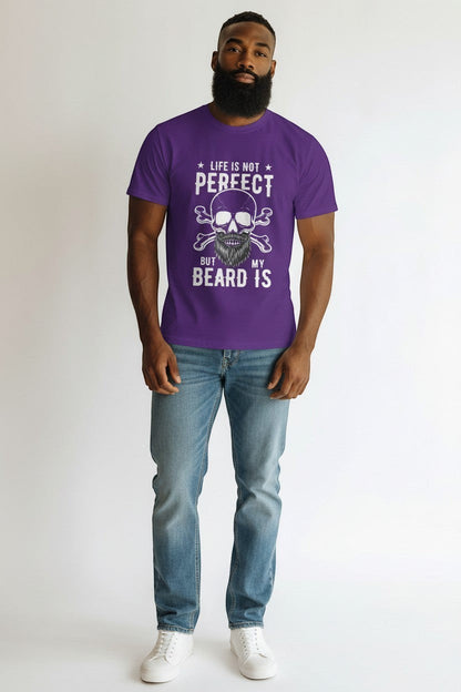 Man wearing purple “Life is not perfect but my beard is” shirt, a fun and bold style.