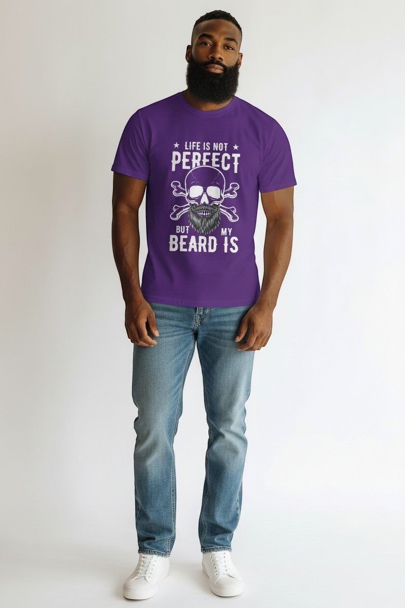 Man wearing purple “Life is not perfect but my beard is” shirt, a fun and bold style.