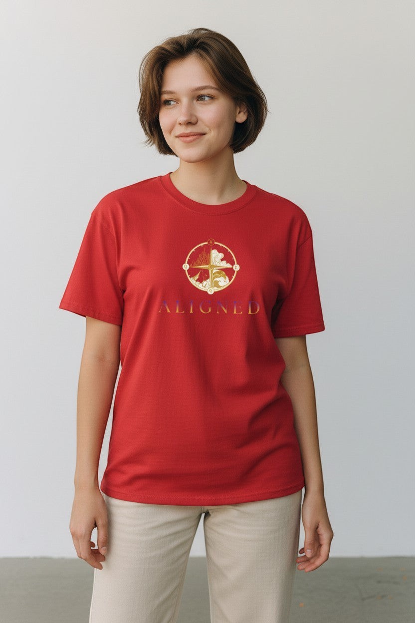 Woman wearing red “Aligned” t-shirt, a bold and expressive spiritual style.