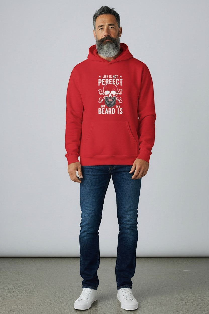 Bearded man wearing red beard humor hoodie, a bold and eye-catching look.