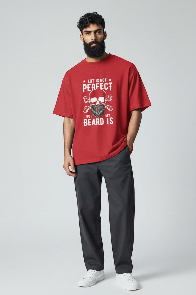 Bearded man wearing red funny beard t-shirt, a strong and confident look.