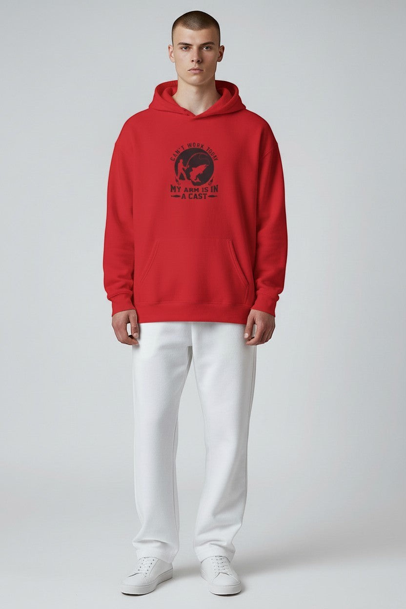 Man wearing red hoodie, a bold and eye-catching graphic sweatshirt for casual streetwear style.