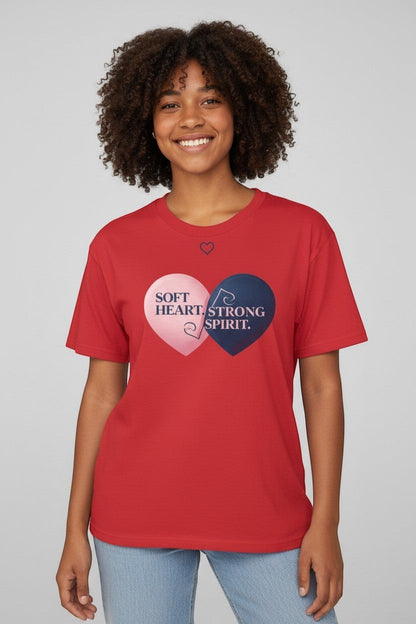 Woman wearing red “Soft Heart Strong Spirit” t-shirt, a bold and empowering look.
