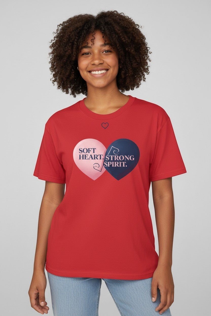 Woman wearing red “Soft Heart Strong Spirit” t-shirt, a bold and empowering look.
