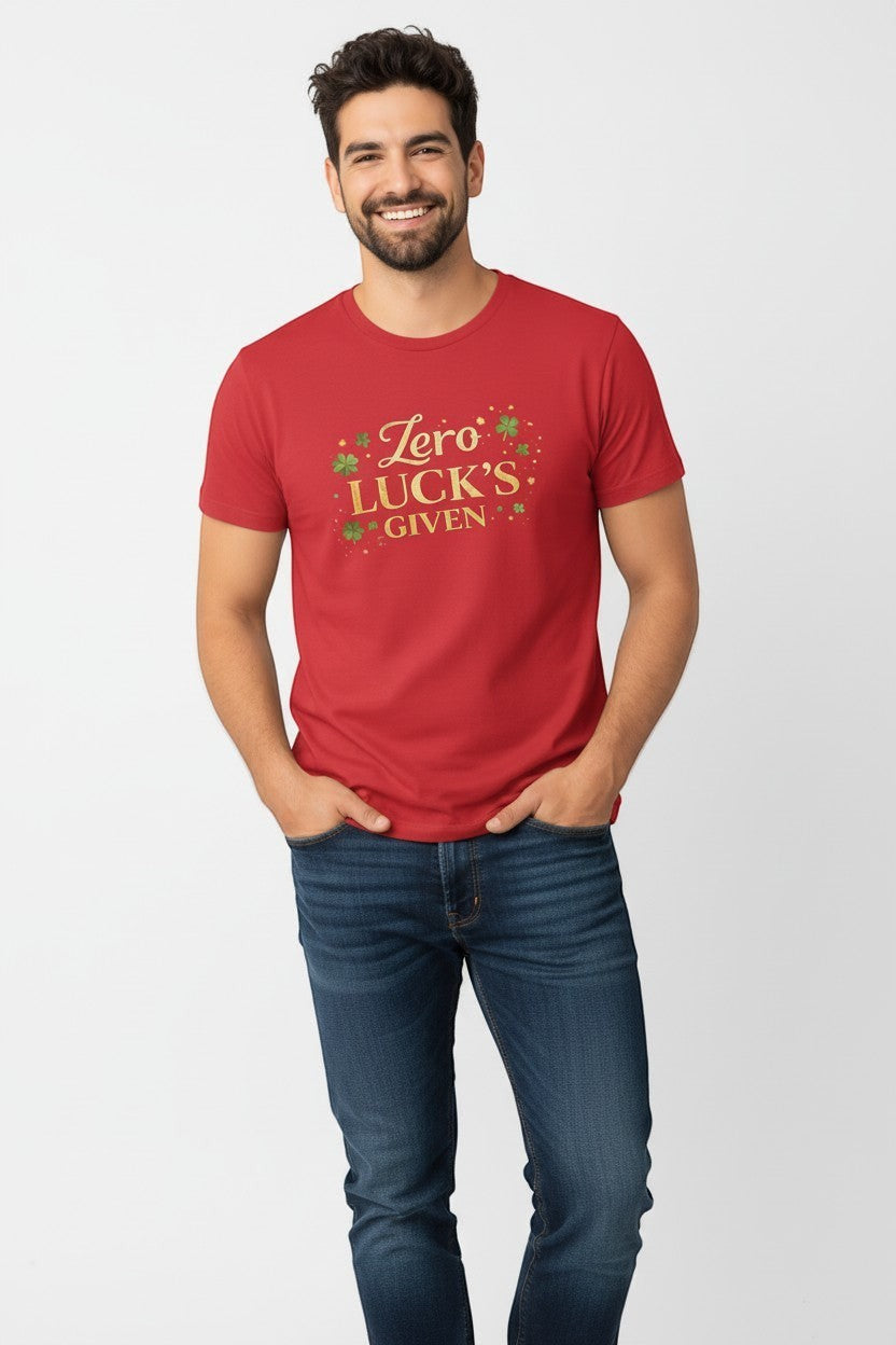 Man wearing red “Zero Luck’s Given” shirt, a bold graphic tee perfect for standout casual looks.