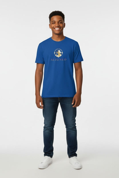 Man wearing royal blue “Aligned” t-shirt, a relaxed and modern mindful look.