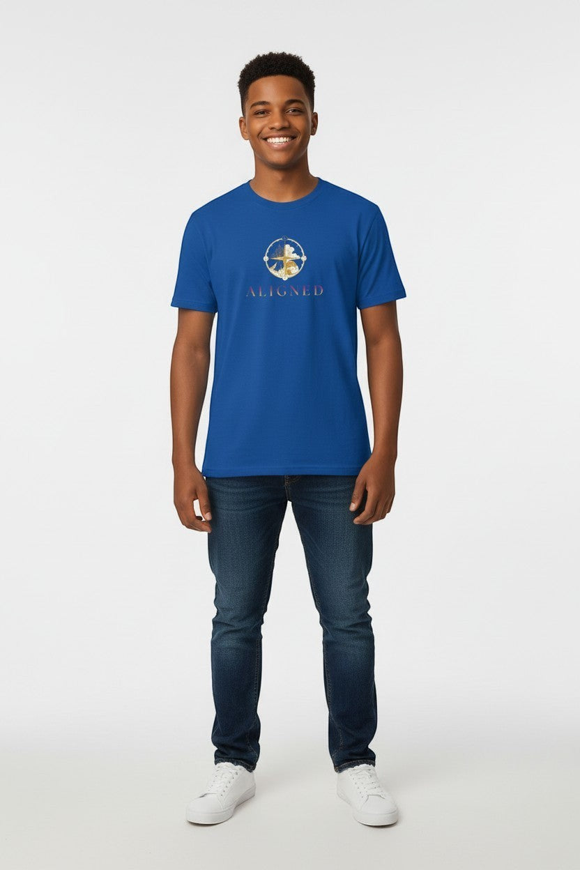 Man wearing royal blue “Aligned” t-shirt, a relaxed and modern mindful look.