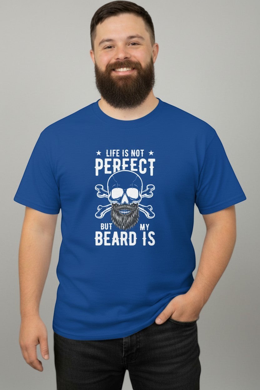 Smiling bearded man wearing royal blue beard humor t-shirt, a relaxed and friendly look.