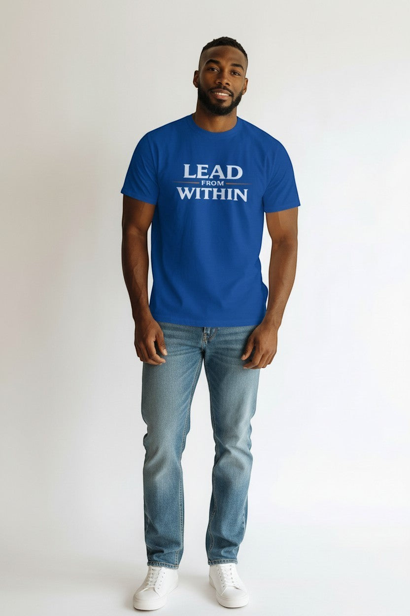 Man wearing royal blue “Lead From Within” t-shirt, a strong and inspiring casual style.