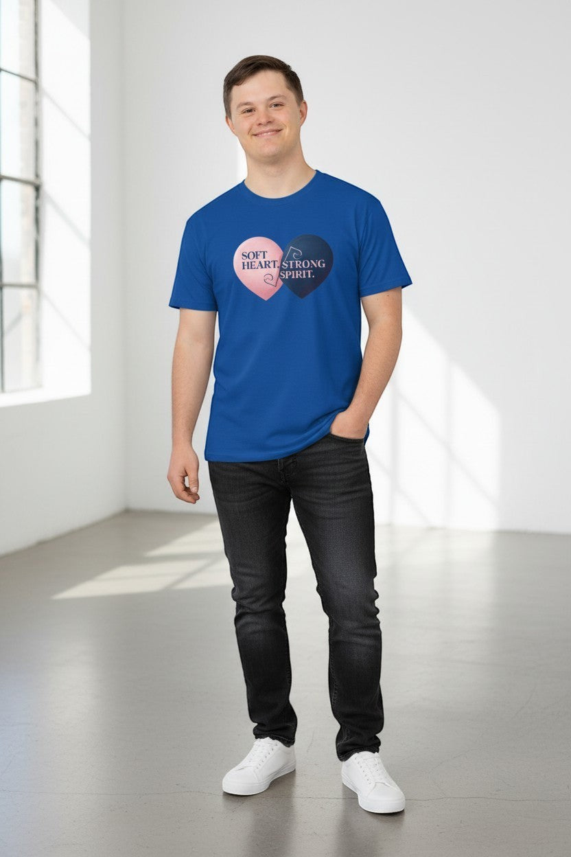 Man wearing royal blue “Soft Heart Strong Spirit” t-shirt, a bright and confident outfit.