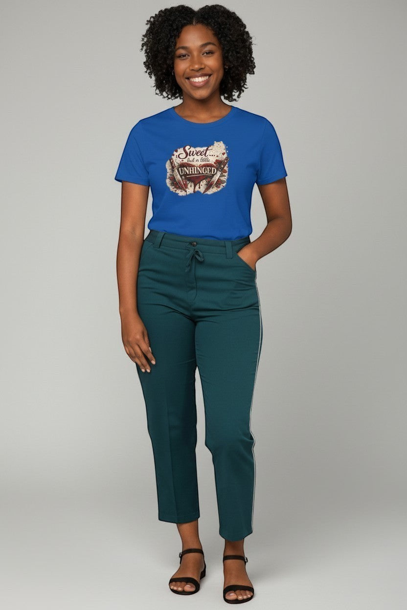 Woman wearing royal blue “Sweet but a Little Unhinged” shirt, a vibrant and fun casual tee.